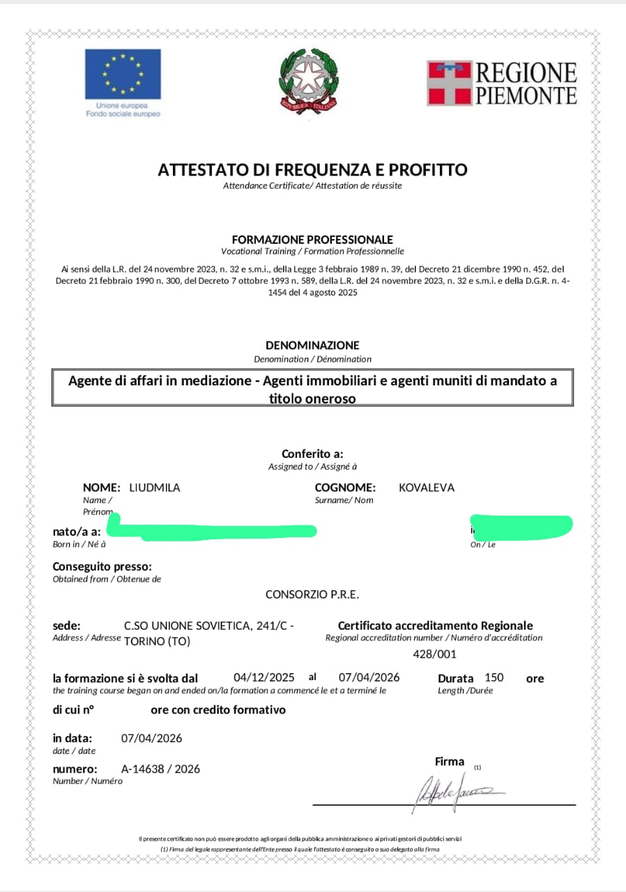 Attestato — Agente di affari in mediazione, Regione Piemonte